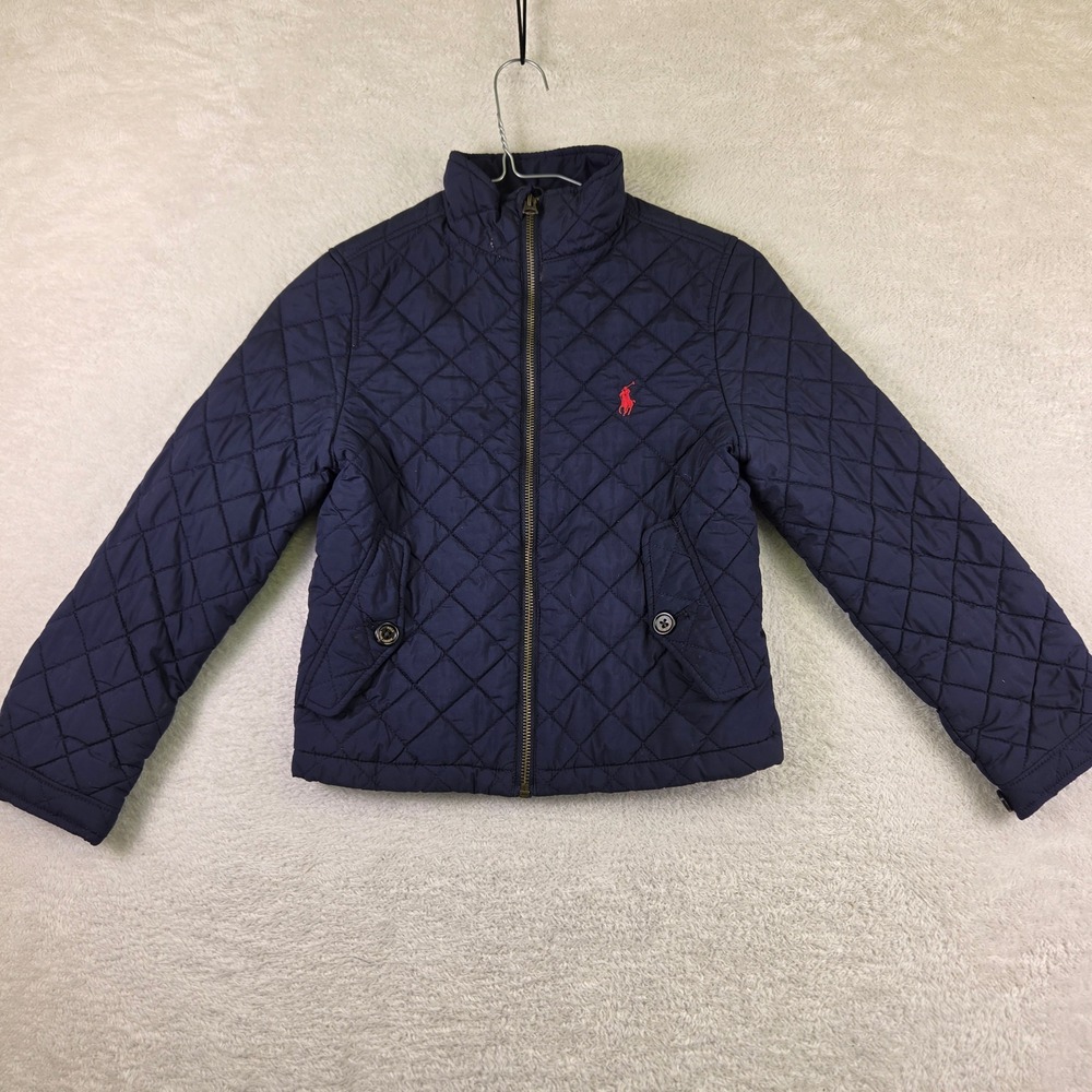 Polo Ralph Lauren Boys Navy Blue Quilted Zip Up Jacket Size S 8 Red Pony Logo